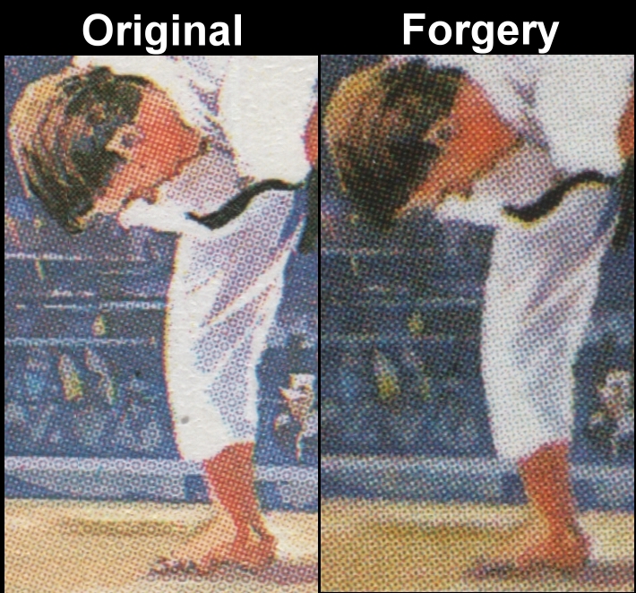 Saint Vincent 1984 Olympic Games 1c Fake with Original Screen and Color Comparison of the Judo Athlete