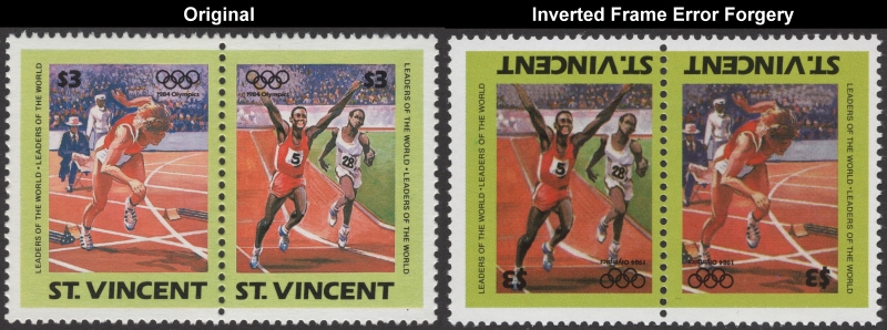 Saint Vincent 1984 Olympic Games Fake with Original $3 Stamp Pair Comparison
