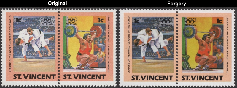 Saint Vincent 1984 Olympic Games Fake with Original 1c Stamp Pair Comparison