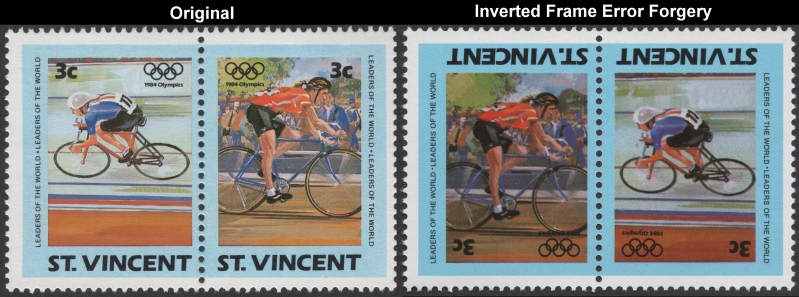 Saint Vincent 1984 Olympic Games Fake with Original 3c Stamp Pair Comparison