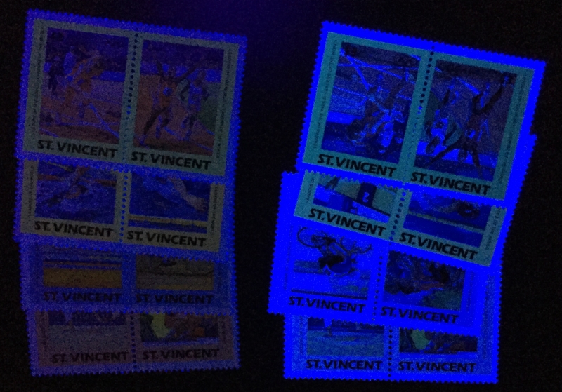 Saint Vincent 1984 Leaders of the World Summer Olympic Games Comparison of Invert Forgeries with Genuine Stamps Under Ultra-violet Light