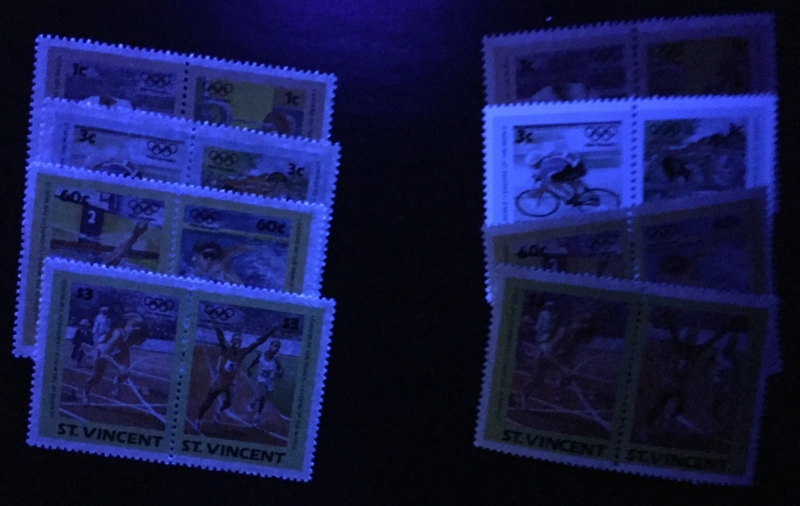 Saint Vincent 1984 Leaders of the World Summer Olympic Games Comparison of Perforated Forgeries with Genuine Stamps Under Ultra-violet Light