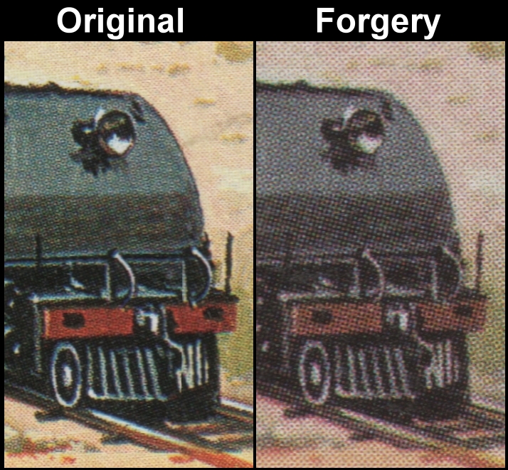 Saint Vincent 1984 Locomotives 5c Fake with Original Screen and Color Comparison of the Front of the Class 20 Engine