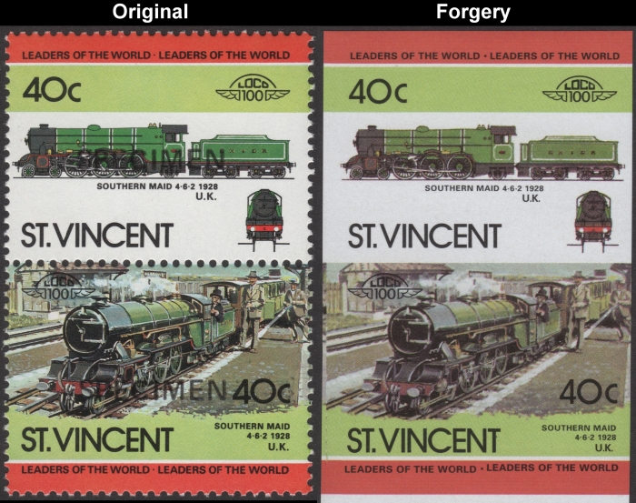 Saint Vincent 1984 Locomotives Southern Maid Fake with Original 40c Stamp Comparison