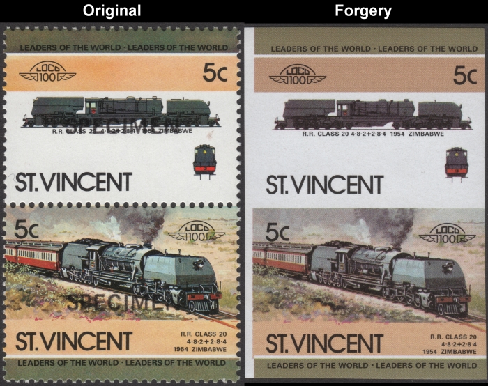 Saint Vincent 1984 Locomotives Class 20 Fake with Original 5c Stamp Comparison