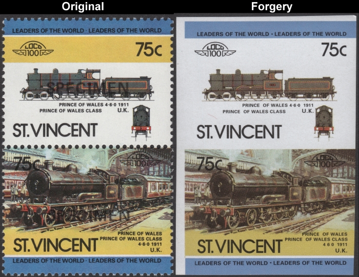 Saint Vincent 1984 Locomotives Prince of Wales Fake with Original 75c Stamp Comparison
