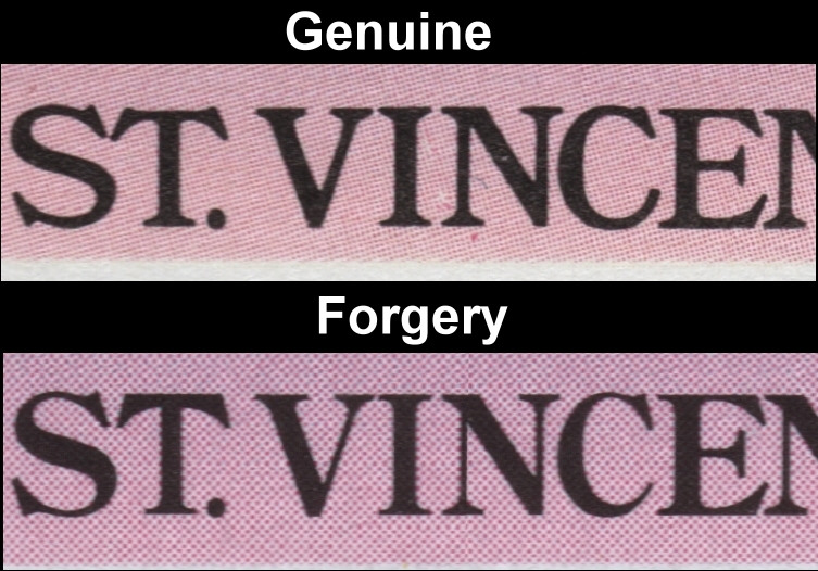 Saint Vincent 1985 Leaders of the World Queen Elizabeth 85th Birthday 35c Fake with Original Comparison of the Fonts