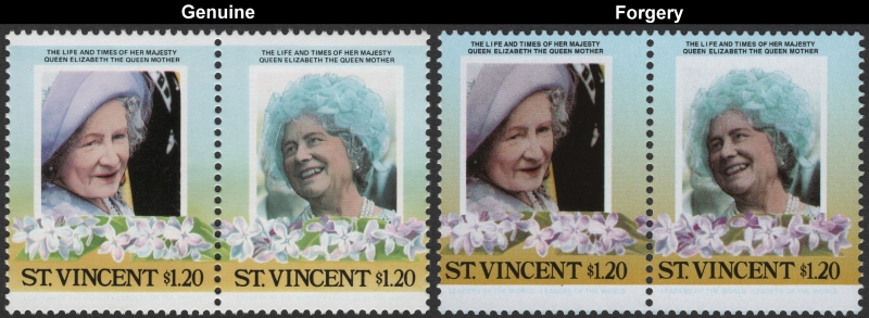 Saint Vincent 1985 Leaders of the World Queen Elizabeth 85th Birthday $1.20 Forgery Stamp Pair with Genuine Stamp Pair Comparison