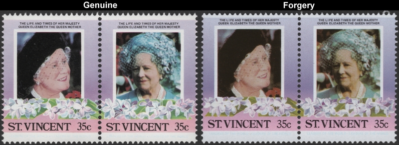 Saint Vincent 1985 Leaders of the World Queen Elizabeth 85th Birthday 35c Forgery Stamp Pair with Genuine Stamp Pair Comparison