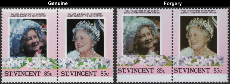 Saint Vincent 1985 Leaders of the World Queen Elizabeth 85th Birthday 85c Forgery Stamp Pair with Genuine Stamp Pair Comparison