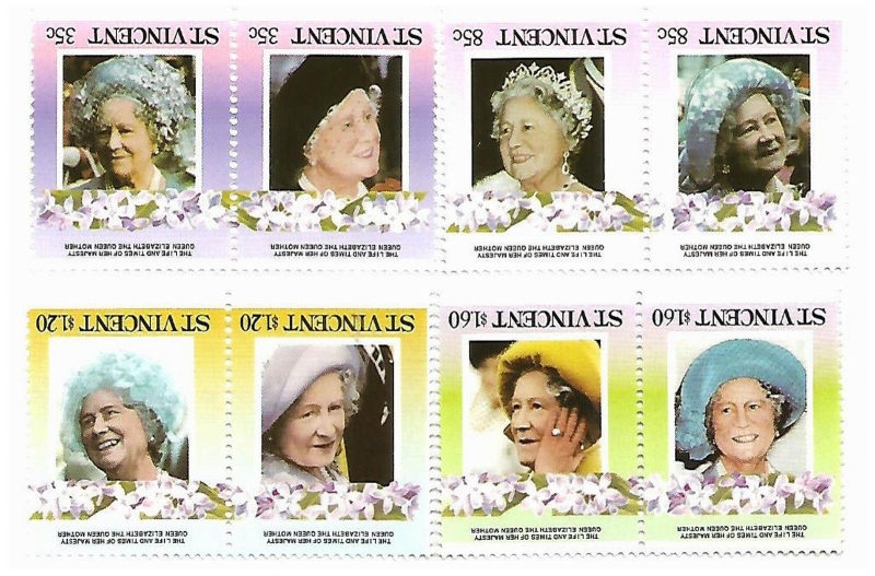 Saint Vincent 1985 Queen Elizabeth 85th Birthday Inverted Frame Stamp Forgery Set offered by Stampbank of London