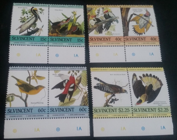 Saint Vincent 1985 Audubon Birds Original Bottom Selvage Stamp Pairs with Color Guide