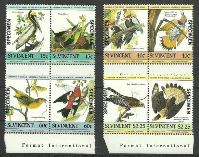 Saint Vincent 1985 Audubon Birds Original Specimen Overprint Bottom Selvage Stamp Pairs