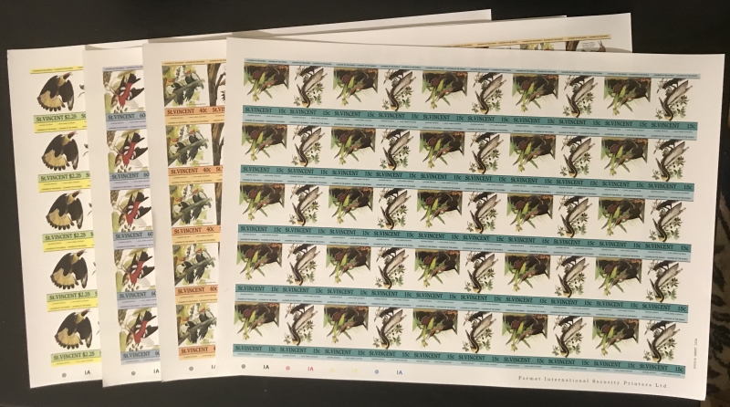 Saint Vincent 1985 Audubon Birds Inverted Frame Error Stamp Forgery Pane Set