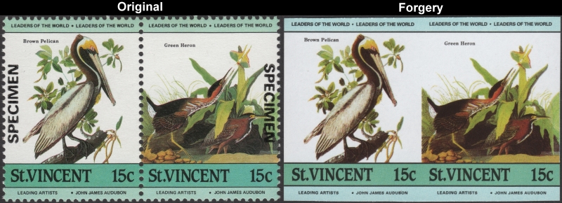 Saint Vincent 1985 Audubon Birds Forgeries with Original 15c Stamp Comparison