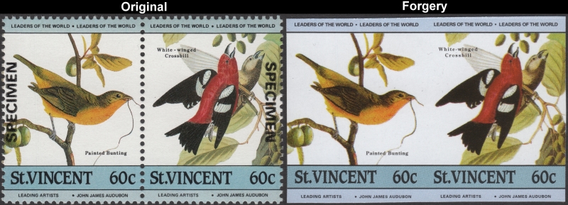 Saint Vincent 1985 Audubon Birds Forgeries with Original 60c Stamp Comparison