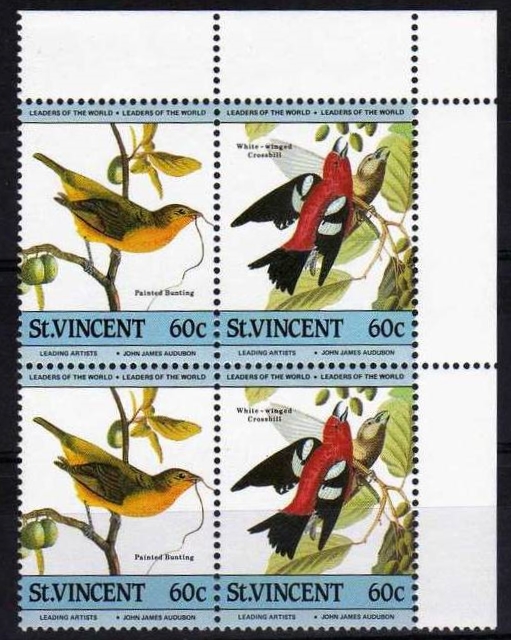 Saint Vincent 1985 Audubon Birds Original 60c Upper Right Corner Stamp Block