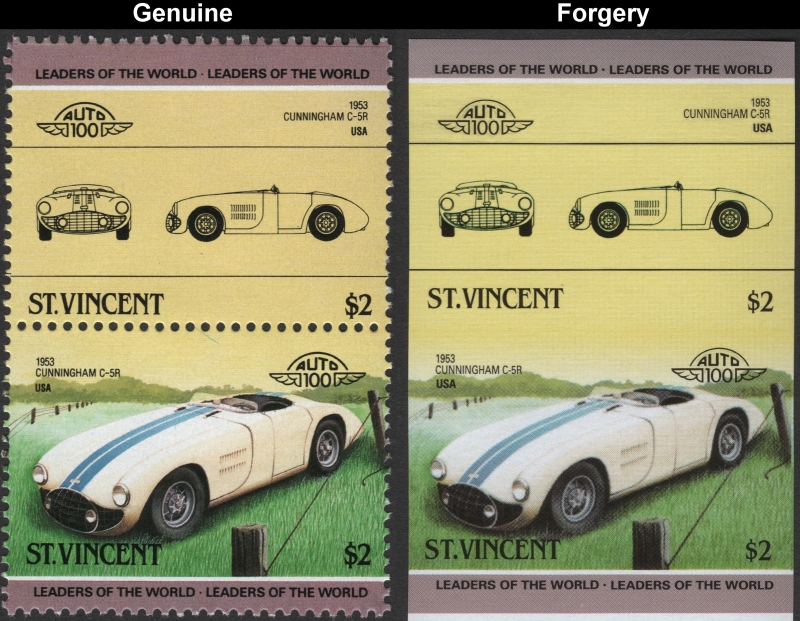 Saint Vincent 1985 Automobiles $2 Cunningham C-5R Forgery with Original $2 Stamp Comparison