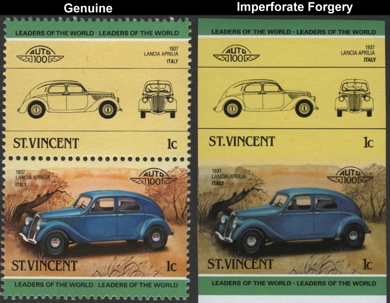 Saint Vincent 1985 Automobiles 1c Lancia Aprilia Forgery with Original 1c Stamp Comparison