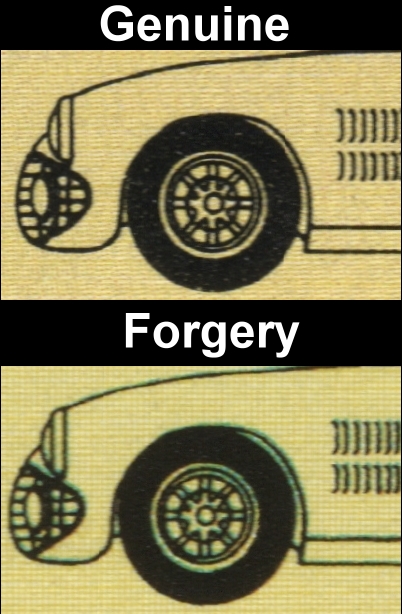 Saint Vincent 1985 Automobiles $2 Forgery with Original Comparison of the Front of the Car on the Detail Drawing