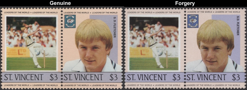 Saint Vincent 1985 Cricket Players S.D. Fletcher Fake with Original $3 Stamp Comparison