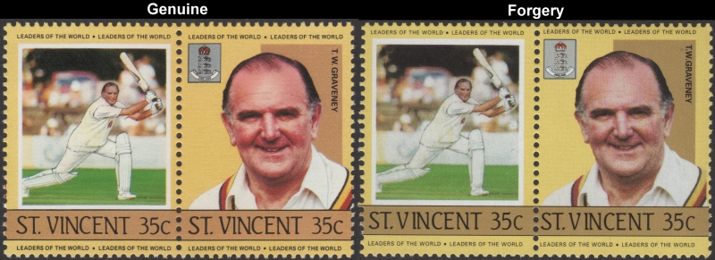 Saint Vincent 1985 Cricket Players T.W. Graveney Fake with Original 35c Stamp Comparison