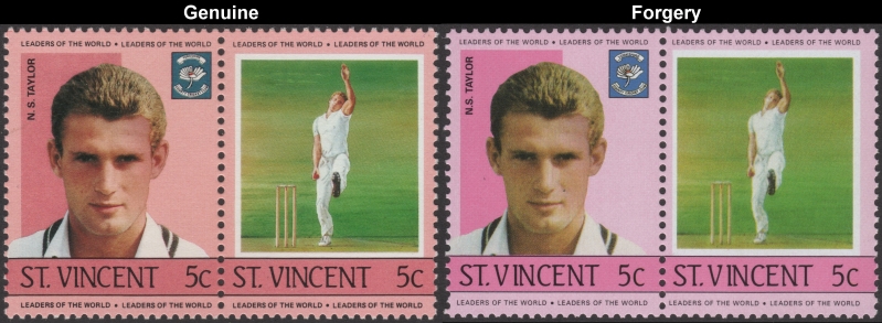 Saint Vincent 1985 Cricket Players N.S. Taylor Fake with Original 5c Stamp Comparison