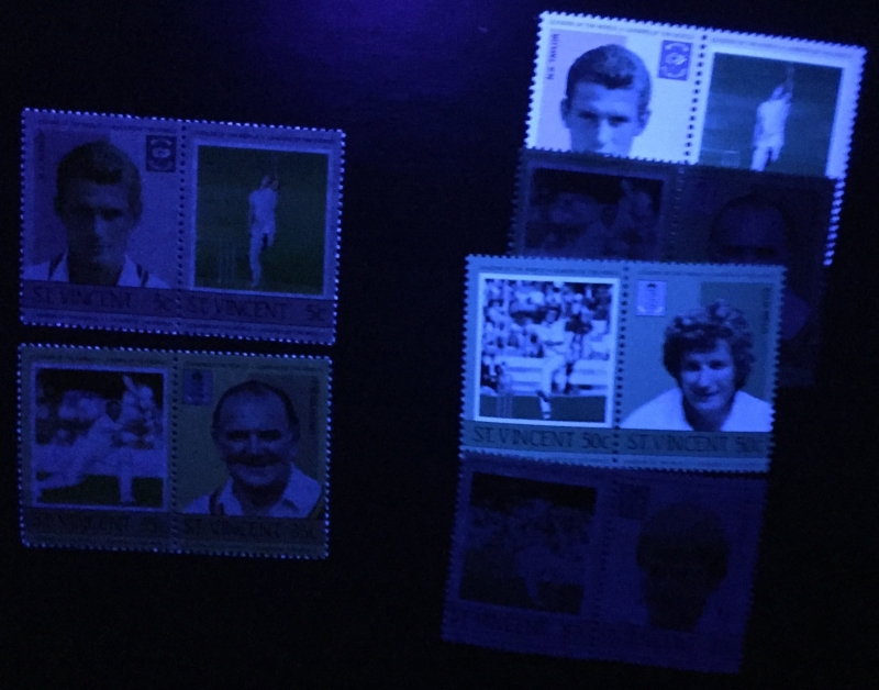 Saint Vincent 1985 Leaders of the World Cricket Players Comparison of Forgeries with Genuine Stamps Under Ultra-violet Light