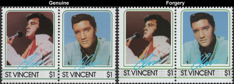 Saint Vincent 1985 Elvis Presley $1 Forgery Stamp Pair with Genuine $1 Stamp Pair Comparison