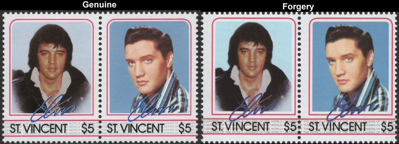 Saint Vincent 1985 Elvis Presley $5 Forgery Stamp Pair with Genuine $5 Stamp Pair Comparison