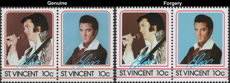 Saint Vincent 1985 Elvis Presley 10c Forgery Stamp Pair with Genuine 10c Stamp Pair Comparison