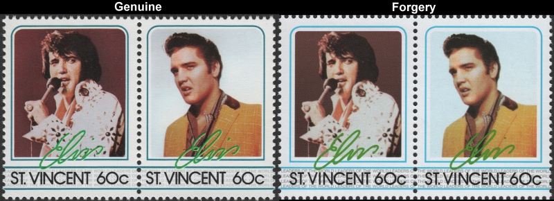 Saint Vincent 1985 Elvis Presley 60c Forgery Stamp Pair with Genuine 60c Stamp Pair Comparison