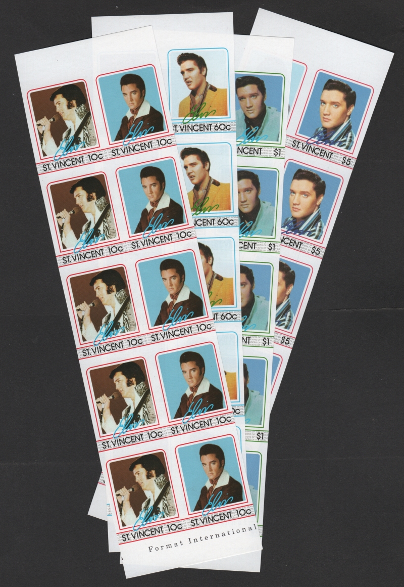 Saint Vincent 1985 Elvis Presley Imperforate Stamp Forgeries in Strips of Five sold by balticamber2011