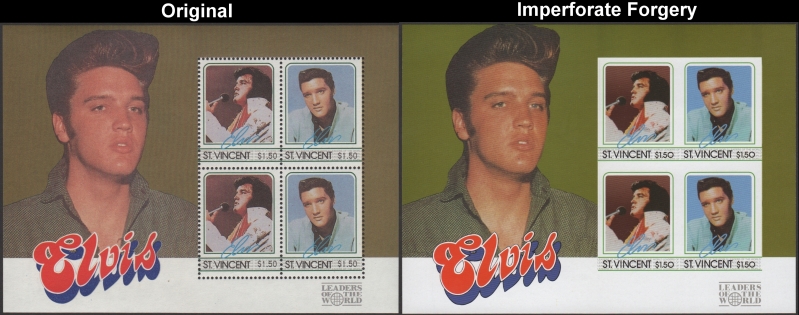 Saint Vincent 1985 Elvis Presley Fake with Original $1.50 Souvenir Sheet Comparison