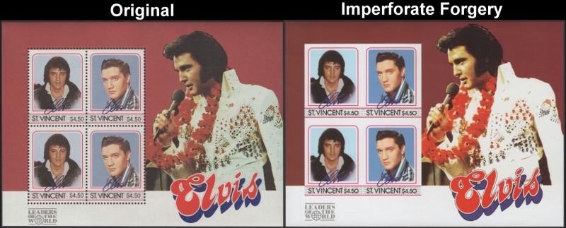 Saint Vincent 1985 Elvis Presley Fake with Original $4.50 Souvenir Sheet Comparison