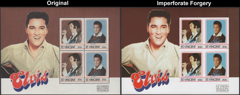 Saint Vincent 1985 Elvis Presley Fake with Original 30c Souvenir Sheet Comparison