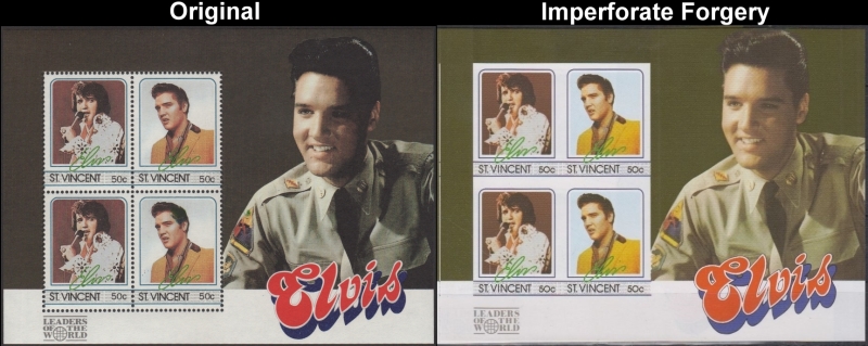 Saint Vincent 1985 Elvis Presley Fake with Original 50c Souvenir Sheet Comparison