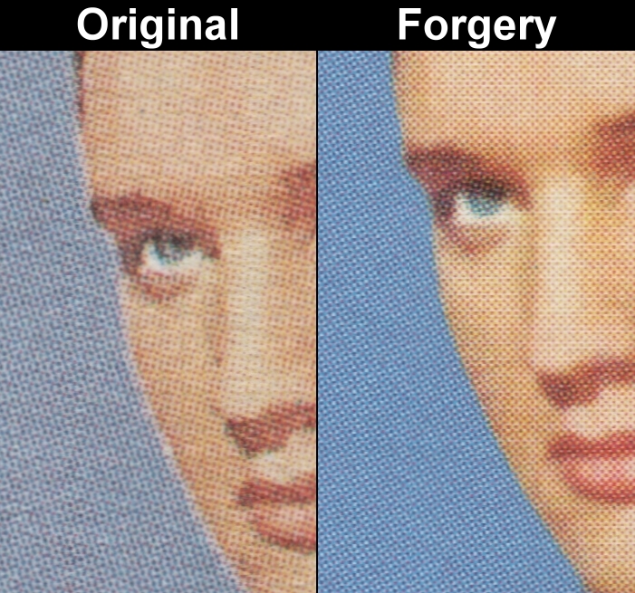 Saint Vincent 1985 Elvis Presley Fake with Original Screen and Color Comparison of Stamp