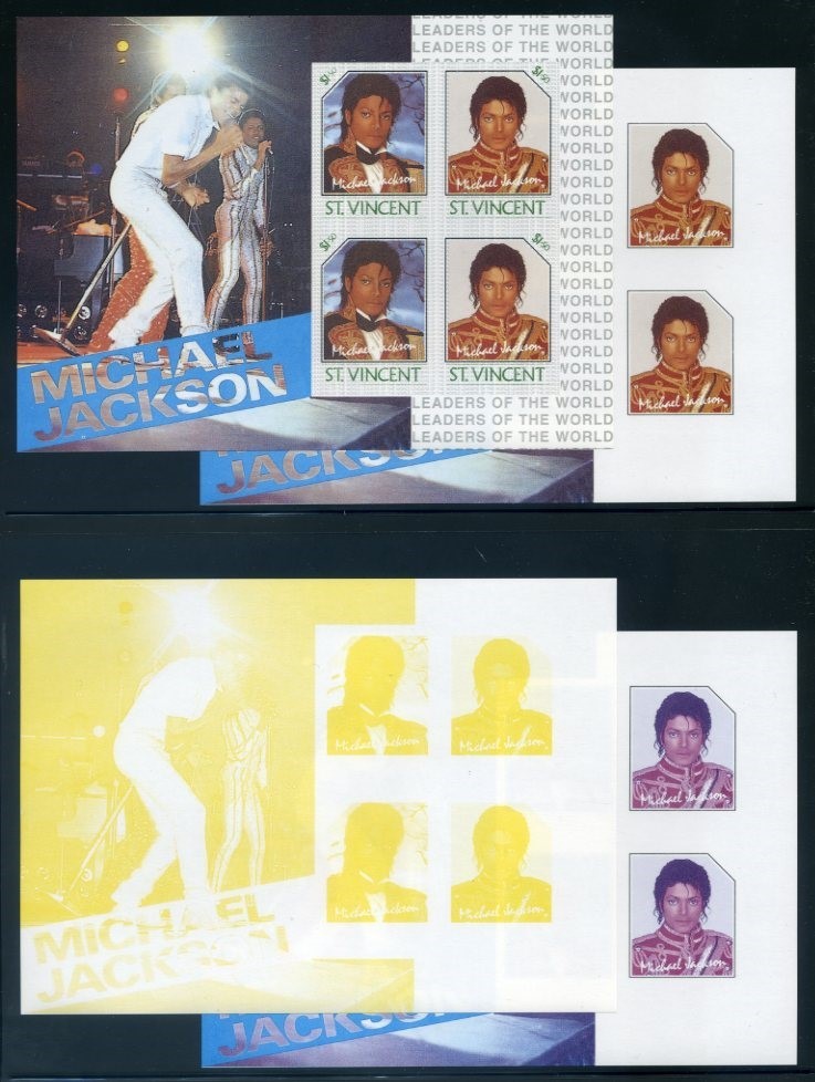 The Forged Unauthorized Reprint Michael Jackson Scott 900 Progressive Color Proofs of the Souvenir Sheet Part A