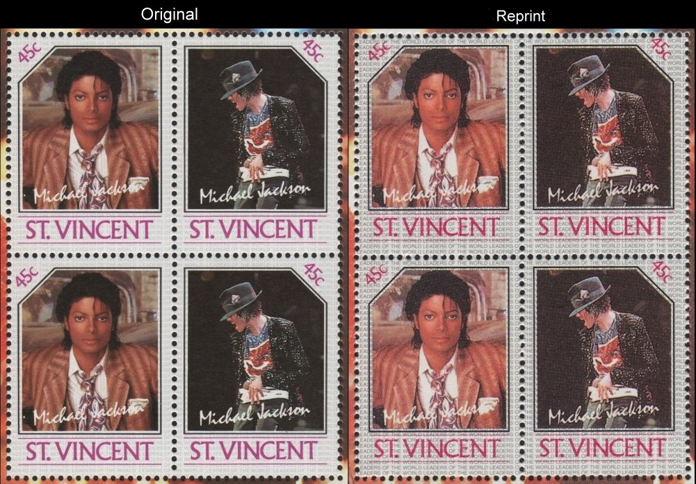 A Comparison of the Unauthorized Reprint and Original Michael Jackson Scott 898 Souvenir Sheet Stamp Blocks