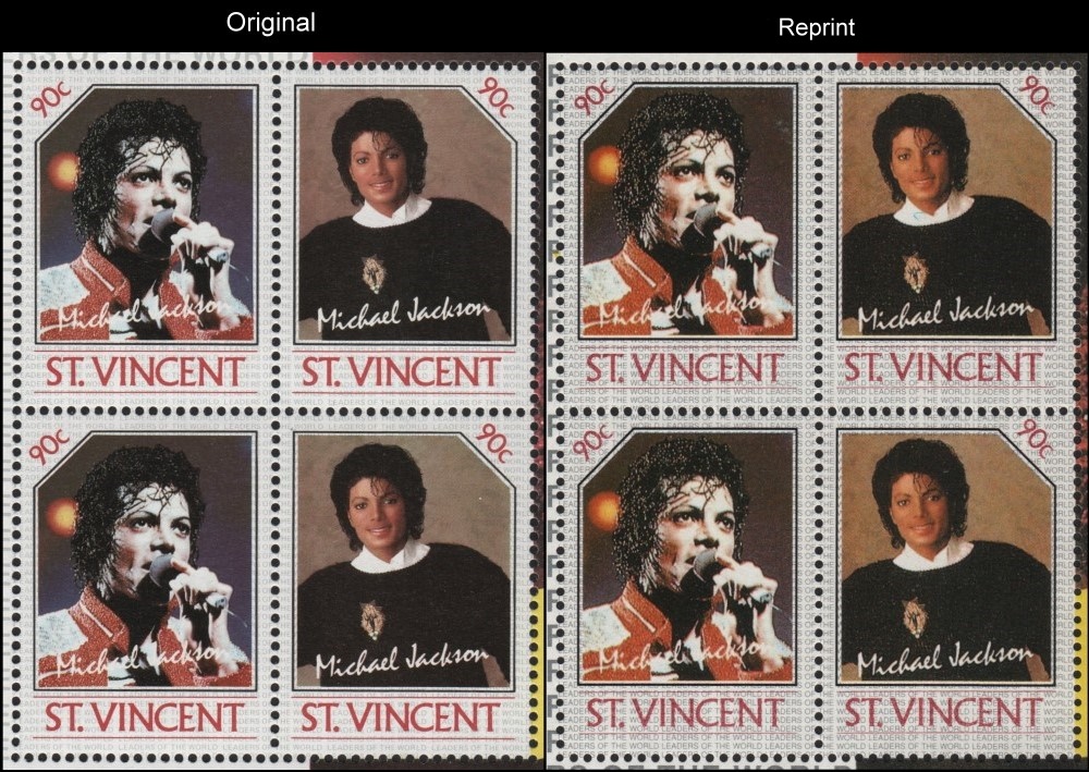 A Comparison of the Forged Unauthorized Reprint and Original Michael Jackson Scott 899 Souvenir Sheet Stamp Blocks