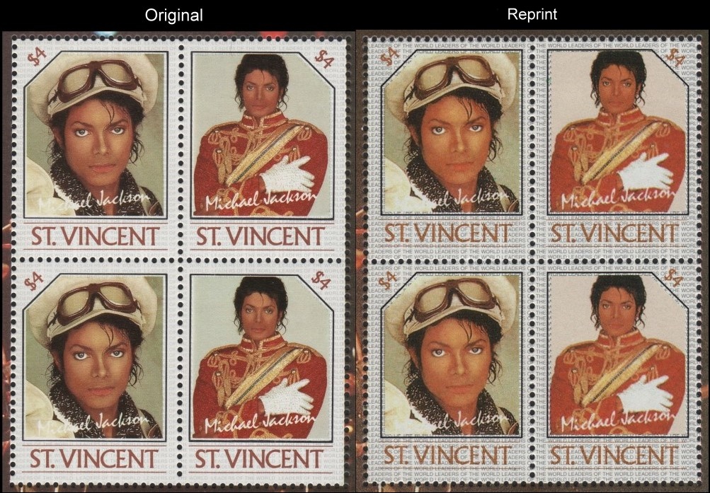 A Comparison of the Unauthorized Reprint and Original Michael Jackson Scott 901 Souvenir Sheet Stamp Blocks