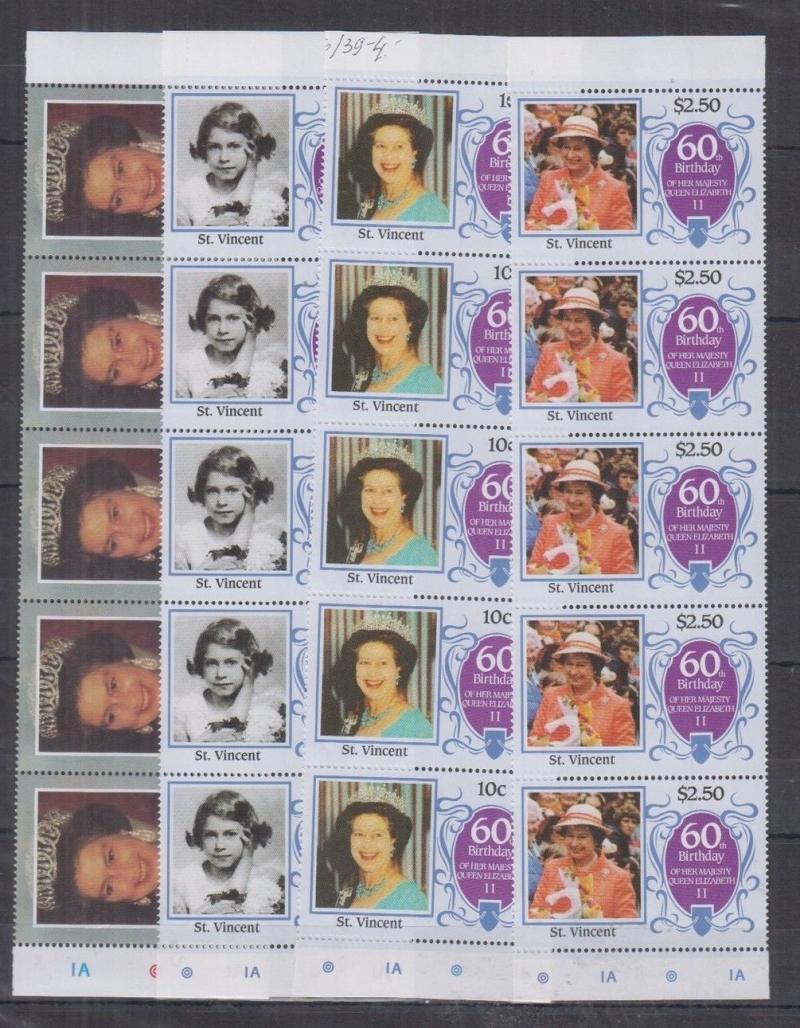 Saint Vincent 1986 60th Birthday of Queen Elizabeth II Strips of 5 Forgery Set offered by balticamber2011