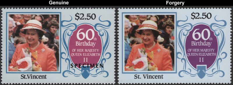 Saint Vincent 1986 60th Birthday of Queen Elizabeth II $2.50 Forgery with Genuine $2.50 Stamp Comparison