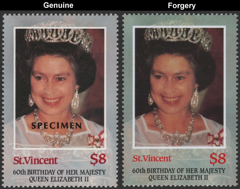 Saint Vincent 1986 60th Birthday of Queen Elizabeth II $8 Forgery with Genuine $8 Stamp Comparison
