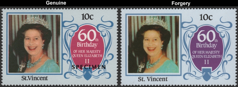 Saint Vincent 1986 60th Birthday of Queen Elizabeth II 10c Forgery with Genuine 10c Stamp Comparison
