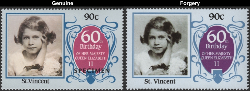 Saint Vincent 1986 60th Birthday of Queen Elizabeth II 90c Forgery with Genuine 90c Stamp Comparison