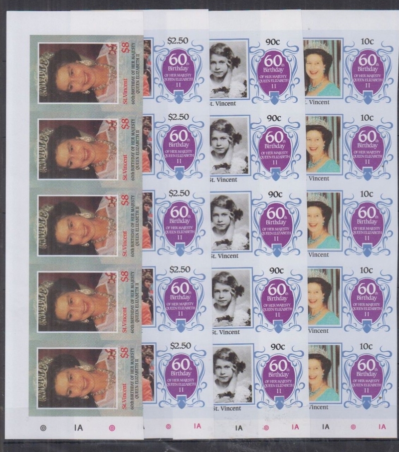 Saint Vincent 1986 60th Birthday of Queen Elizabeth II Imperforate Strips of 5 Forgery Set offered by balticamber2011