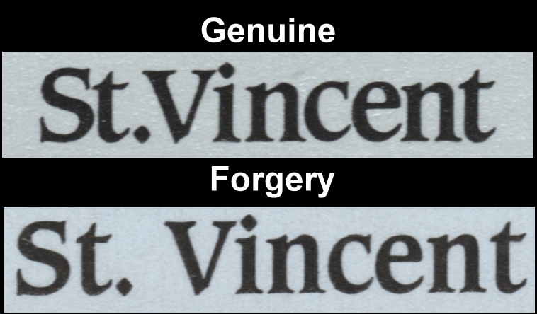 Saint Vincent 1986 60th Birthday of Queen Elizabeth Fake with Original Font Comparison
