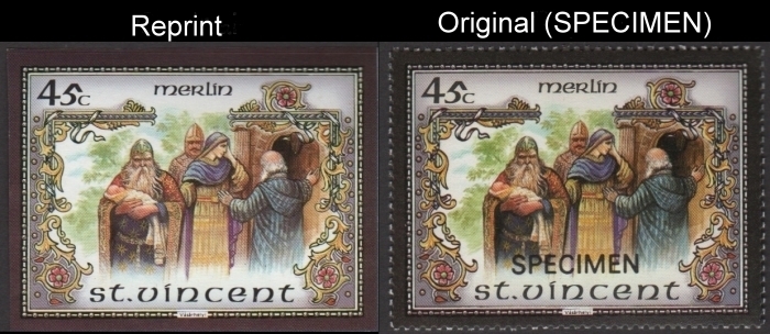Saint Vincent 1986 Legend of King Arthur Scott 979A Unauthorized Reprint Comparison